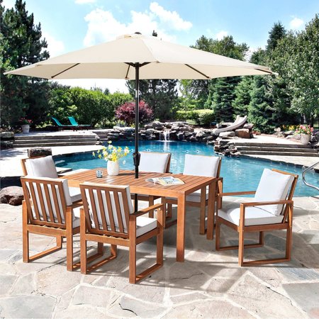 ALATERRE FURNITURE 8 Piece Set, Weston Table with 6 Chairs, and 10-Foot Auto Tilt Umbrella Tan ANWT03RD05S6